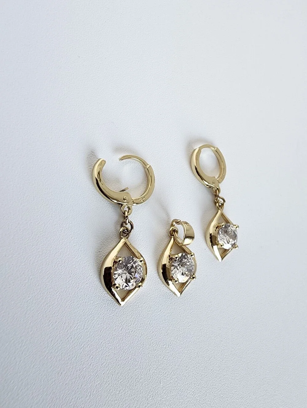 Gold Plated CZ Teardrop Pendant & Hoop Earrings Jewelry Set New